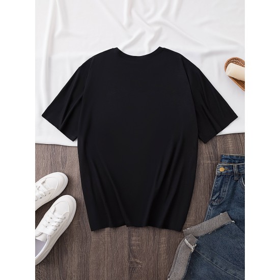 Women's Casual Black Heart Print Love Graphic Tee - Short Sleeve Crew Neck, Polyester Knit T-Shirt