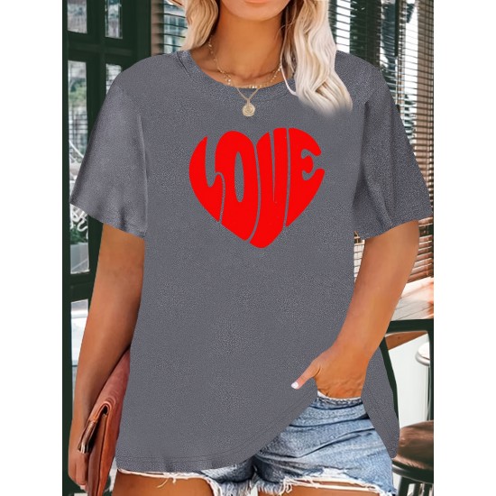 Women's Casual Black Heart Print Love Graphic Tee - Short Sleeve Crew Neck, Polyester Knit T-Shirt