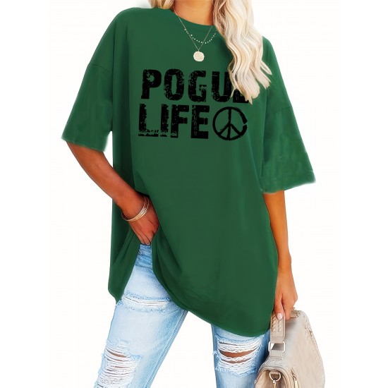 Plus Size Casual Crew Neck T-Shirt with POGUL LIFE Peace Sign Graphic, Polyester Knit Fabric with Slight Stretch, for Women, All-Season Comfort