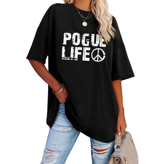 Plus Size Casual Crew Neck T-Shirt with POGUL LIFE Peace Sign Graphic, Polyester Knit Fabric with Slight Stretch, for Women, All-Season Comfort