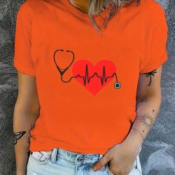 Women's Breathable Polyester T-Shirt with Stethoscope & Heart Design - Casual Crew Neck, Short Sleeve, Machine Washable - Perfect Gift for Her