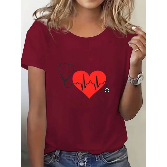 Women's Breathable Polyester T-Shirt with Stethoscope & Heart Design - Casual Crew Neck, Short Sleeve, Machine Washable - Perfect Gift for Her