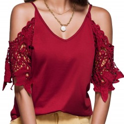 Plus Size Women'S V-Neck Lace Off-Shoulder Short-Sleeved T-Shirt