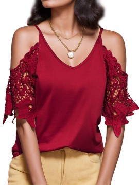Plus Size Women'S V-Neck Lace Off-Shoulder Short-Sleeved T-Shirt Plus Size Women'S V-Neck Lace Off-Shoulder Short-Sleeved T-Shirt