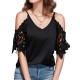 Plus Size Women'S V-Neck Lace Off-Shoulder Short-Sleeved T-Shirt