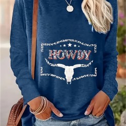 Women's Plus Size Casual Bull Head Print T-Shirt - Comfy Long Sleeve, Round Neck Top for Spring & Fall