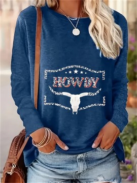 Women's Plus Size Casual Bull Head Print T-Shirt - Comfy Long Sleeve, Round Neck Top for Spring & Fall