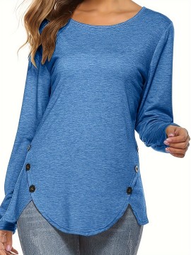 Plus Size Women's Irregular Button-hem Long-sleeved Loose T-shirt