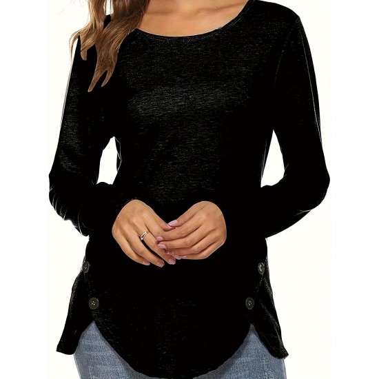 Plus Size Women's Irregular Button-hem Long-sleeved Loose T-shirt