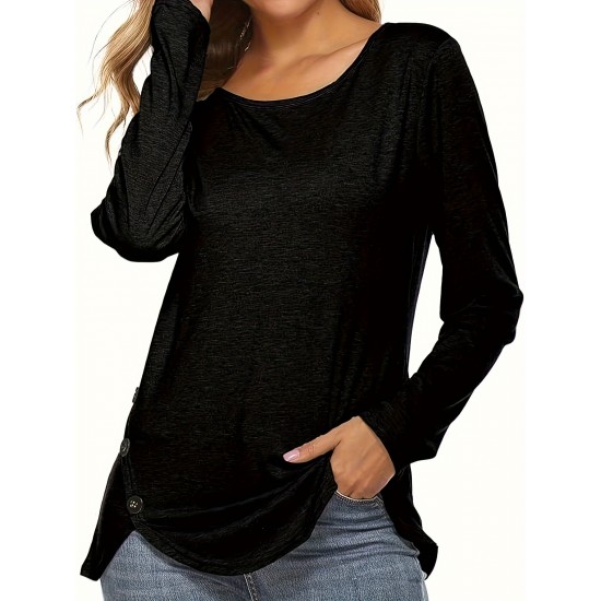 Plus Size Women's Irregular Button-hem Long-sleeved Loose T-shirt