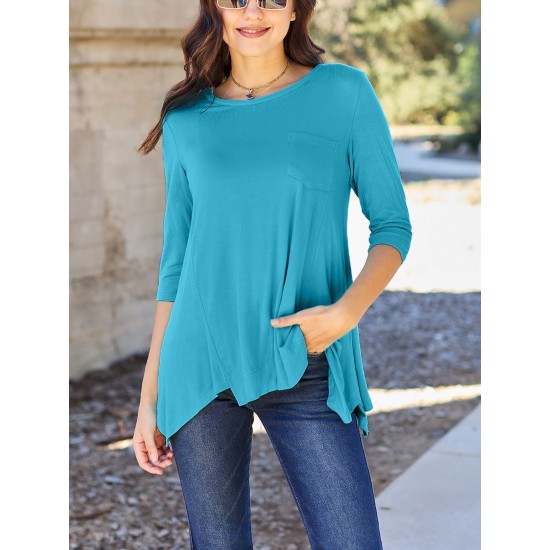 Chic Pink Asymmetrical Hem Tunic - Soft Rayon Blend, 3/4 Sleeve Casual Top with Pockets for Women - Perfect for Spring & Summer