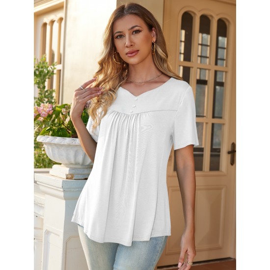 Stylish V-Neck Plus Size T-Shirt - Women Plus Size Clothing, Elegant Button Front, Short Sleeve, Pleated Detail, Perfect for Spring & Summer