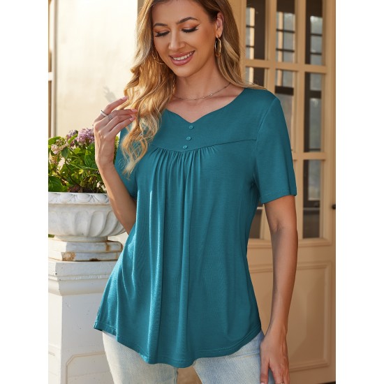 Stylish V-Neck Plus Size T-Shirt - Women Plus Size Clothing, Elegant Button Front, Short Sleeve, Pleated Detail, Perfect for Spring & Summer