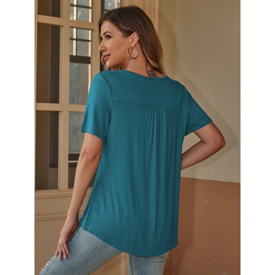 Stylish V-Neck Plus Size T-Shirt - Women Plus Size Clothing, Elegant Button Front, Short Sleeve, Pleated Detail, Perfect for Spring & Summer