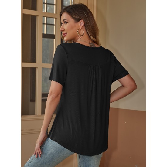 Stylish V-Neck Plus Size T-Shirt - Women Plus Size Clothing, Elegant Button Front, Short Sleeve, Pleated Detail, Perfect for Spring & Summer