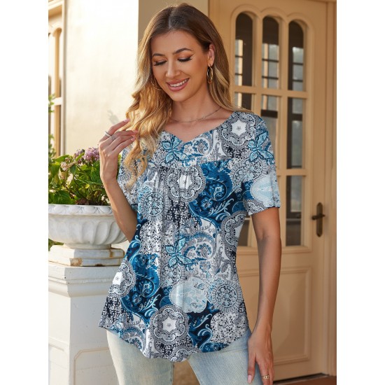 Stylish V-Neck Plus Size T-Shirt - Women Plus Size Clothing, Elegant Button Front, Short Sleeve, Pleated Detail, Perfect for Spring & Summer