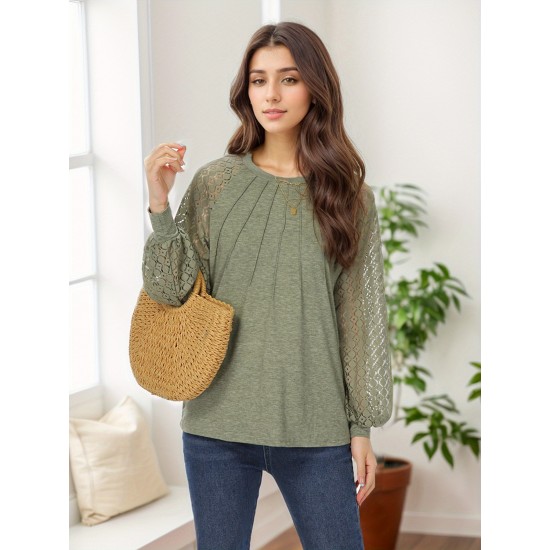 Tooluck Plus Size Women's Round Neck Pleated Lace Panel Long Sleeve Top