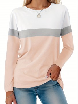 Tooluck Plus Size Women's Casual Color Block Long Sleeve Tops Crew Neck Loose Fit Blouses