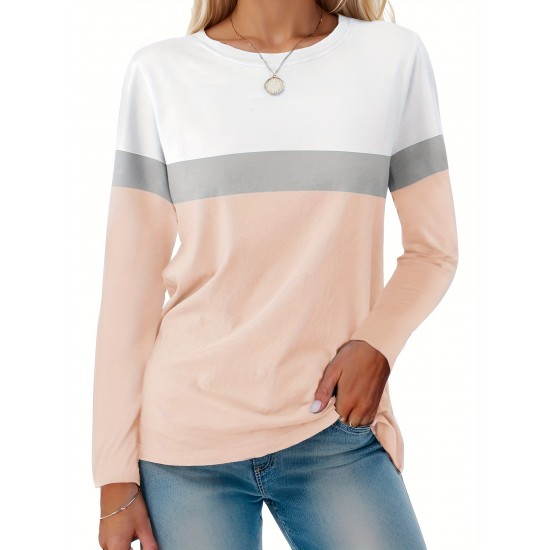 Tooluck Plus Size Women's Casual Color Block Long Sleeve Tops Crew Neck Loose Fit Blouses