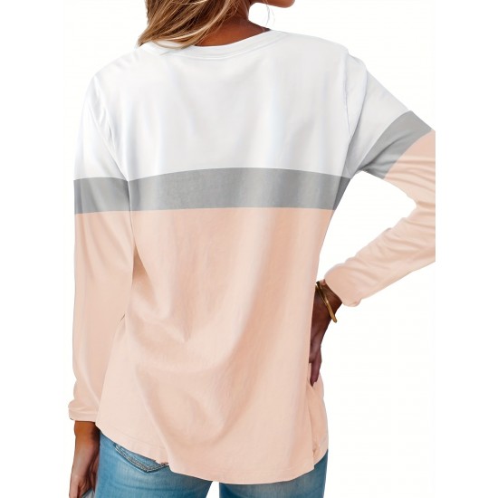 Tooluck Plus Size Women's Casual Color Block Long Sleeve Tops Crew Neck Loose Fit Blouses