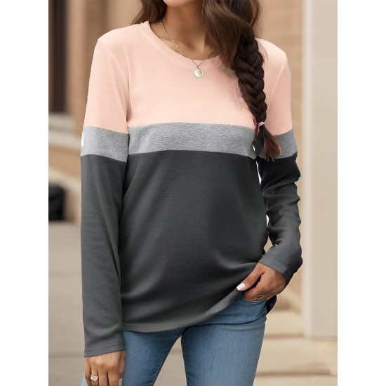 Tooluck Plus Size Women's Casual Color Block Long Sleeve Tops Crew Neck Loose Fit Blouses