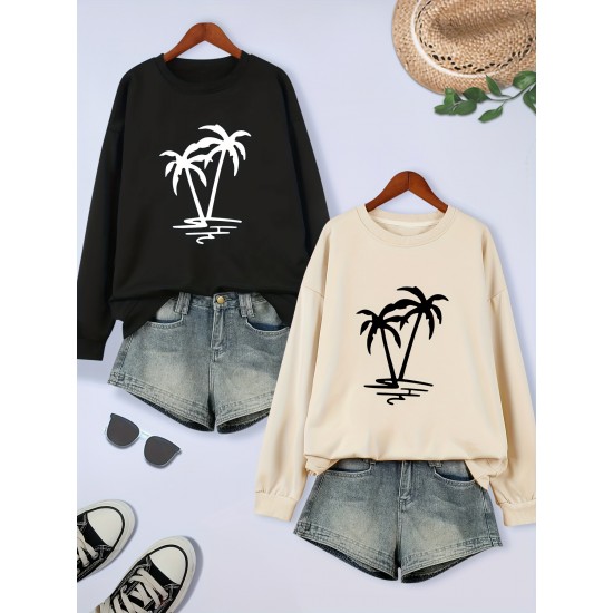 2 Packs Plus Size Coconut Tree Print Sweatshirt, Casual Long Sleeve Crew Neck Pullover Sweatshirt, Women's Plus Size Clothing