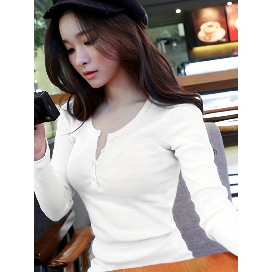 Long Sleeve Women Henley Shirt, Casual Solid Color Ribbed Basic Blouses for Club Streetwear Aesthetic Clothes