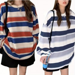 Long Sleeve Fashion Stripe Printing Womens Casual Round Neck Loose Pullover T-shirt