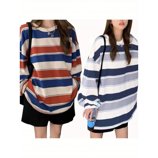 Long Sleeve Fashion Stripe Printing Womens Casual Round Neck Loose Pullover T-shirt