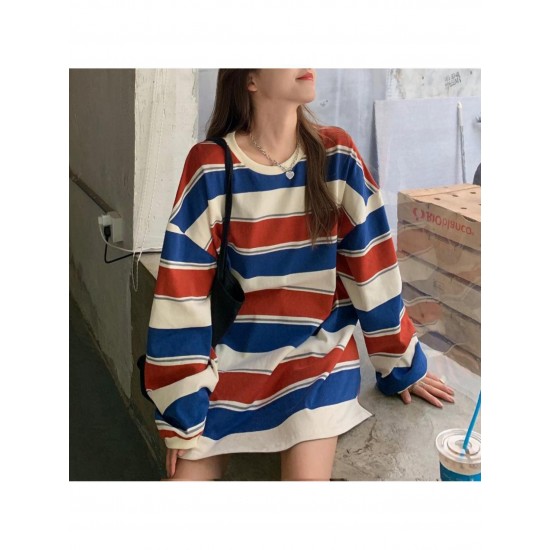 Long Sleeve Fashion Stripe Printing Womens Casual Round Neck Loose Pullover T-shirt