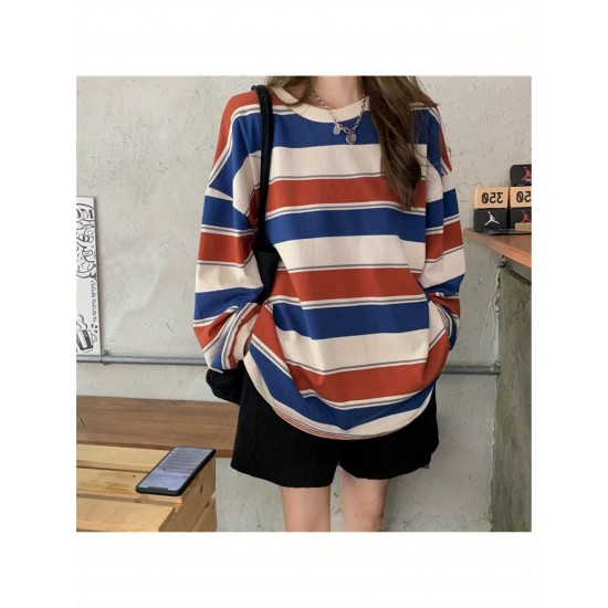 Long Sleeve Fashion Stripe Printing Womens Casual Round Neck Loose Pullover T-shirt