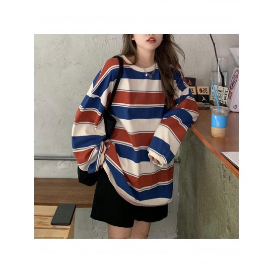 Long Sleeve Fashion Stripe Printing Womens Casual Round Neck Loose Pullover T-shirt