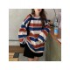 Long Sleeve Fashion Stripe Printing Womens Casual Round Neck Loose Pullover T-shirt