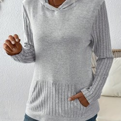 Women's Casual Solid Color Hoodie with Pocket - Long Sleeve, Stretchy Polyester Blend, Machine Washable