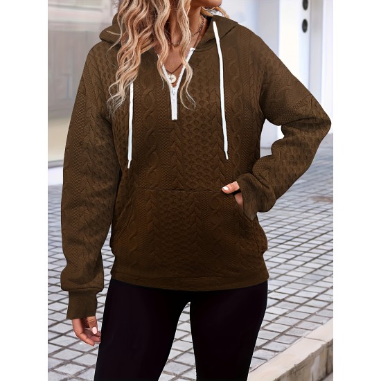 Elegant Cable Knit Hoodie with Pockets - Cozy Polyester Blend, Machine Washable - Women's Fashion for Fall/Winter