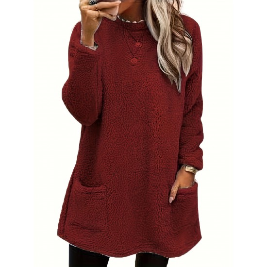 Cozy Plus-Size Fleece Pullover - Warm Long Sleeve Top with Pockets, Ideal for Casual Wear