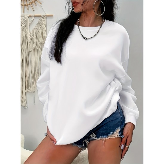 Plus Size Simple Solid Crew Neck Pullover Sweatshirt, Women's Casual Long Sleeve Clothing