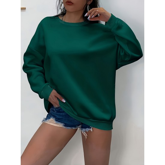 Plus Size Simple Solid Crew Neck Pullover Sweatshirt, Women's Casual Long Sleeve Clothing