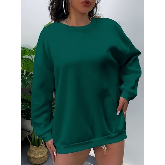 Plus Size Simple Solid Crew Neck Pullover Sweatshirt, Women's Casual Long Sleeve Clothing