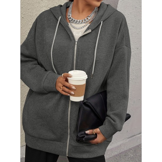 Plus Size Solid Color Zip Front Hoodie, Simple Casual Drawstring Long Sleeve Hooded Sweatshirt, Women's Plus Size Clothing