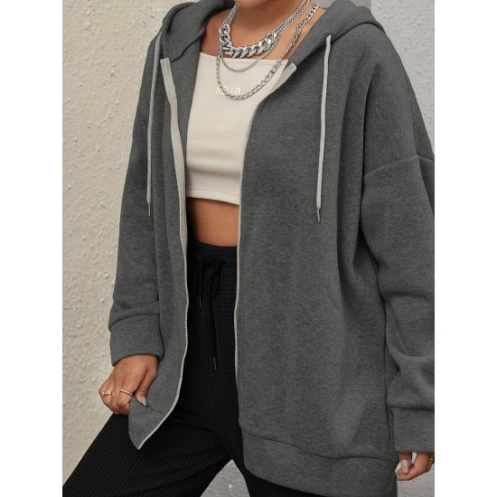 Plus Size Solid Color Zip Front Hoodie, Simple Casual Drawstring Long Sleeve Hooded Sweatshirt, Women's Plus Size Clothing