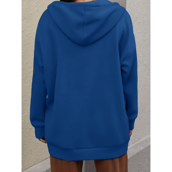 Plus Size Solid Color Zip Front Hoodie, Simple Casual Drawstring Long Sleeve Hooded Sweatshirt, Women's Plus Size Clothing