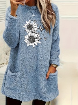 Cozy Plus Size Sunflower Print Sweatshirt with Pockets - Casual Long Sleeve Crew Neck Pullover for Women, Perfect for Fall & Winter