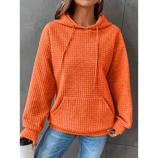 Plus Size Solid Color Waffle Long Sleeve Hooded Sweatshirt, Casual Drawstring Kangaroo Pocket Hoodie, Women's Clothing