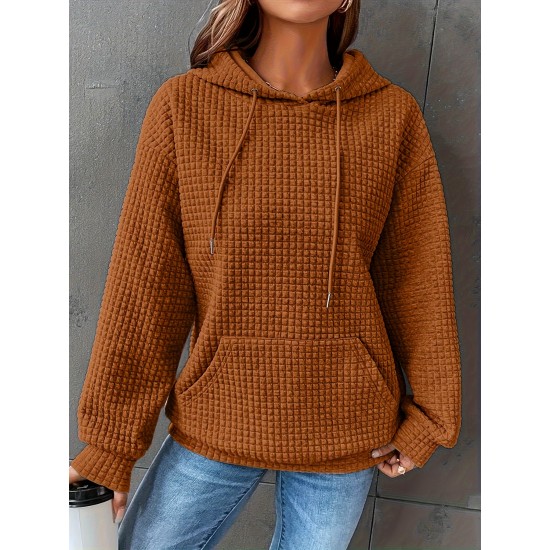 Plus Size Solid Color Waffle Long Sleeve Hooded Sweatshirt, Casual Drawstring Kangaroo Pocket Hoodie, Women's Clothing