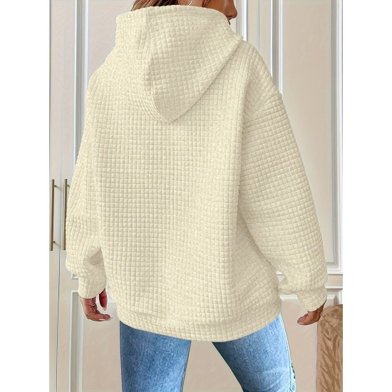 Plus Size Solid Color Waffle Long Sleeve Hooded Sweatshirt, Casual Drawstring Kangaroo Pocket Hoodie, Women's Clothing