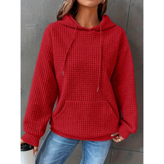 Plus Size Solid Color Waffle Long Sleeve Hooded Sweatshirt, Casual Drawstring Kangaroo Pocket Hoodie, Women's Clothing