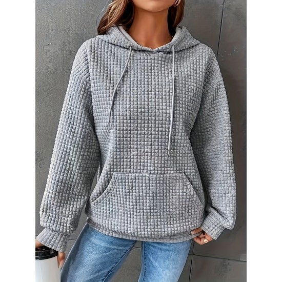 Plus Size Solid Color Waffle Long Sleeve Hooded Sweatshirt, Casual Drawstring Kangaroo Pocket Hoodie, Women's Clothing