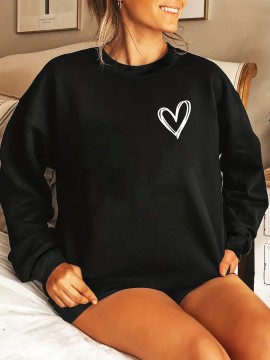 Plus Size Heart Print Pullover Sweatshirt, Casual Long Sleeve Crew Neck Sweatshirt For Fall & Spring, Women's Plus Size Clothing