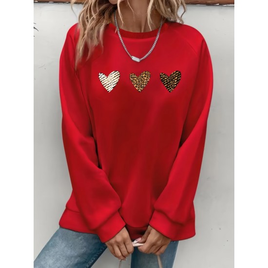 Plus Size Heart Print Sweatshirt, Casual Long Sleeve Crew Neck Pullover Sweatshirt, Women's Plus Size Clothing